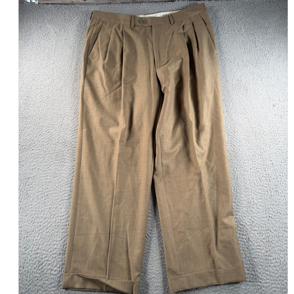 Santorelli Como 2 Luxury Serge Mens 35x28 Tan Pleated Cuffed Wool Trousers